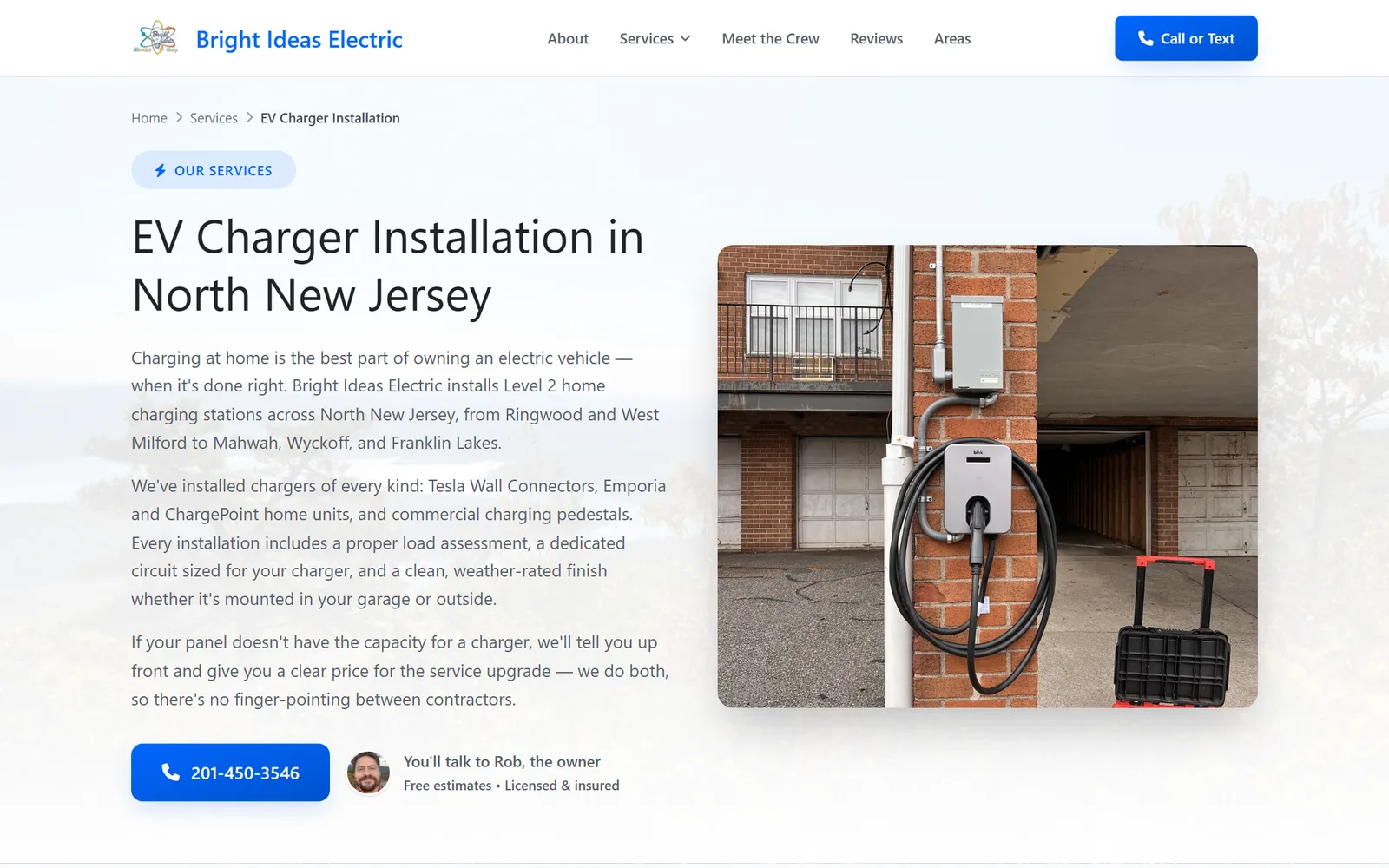 The EV charger installation page on brightideascorp.com: a real job photo, the phone number, and Rob's face next to the call button
