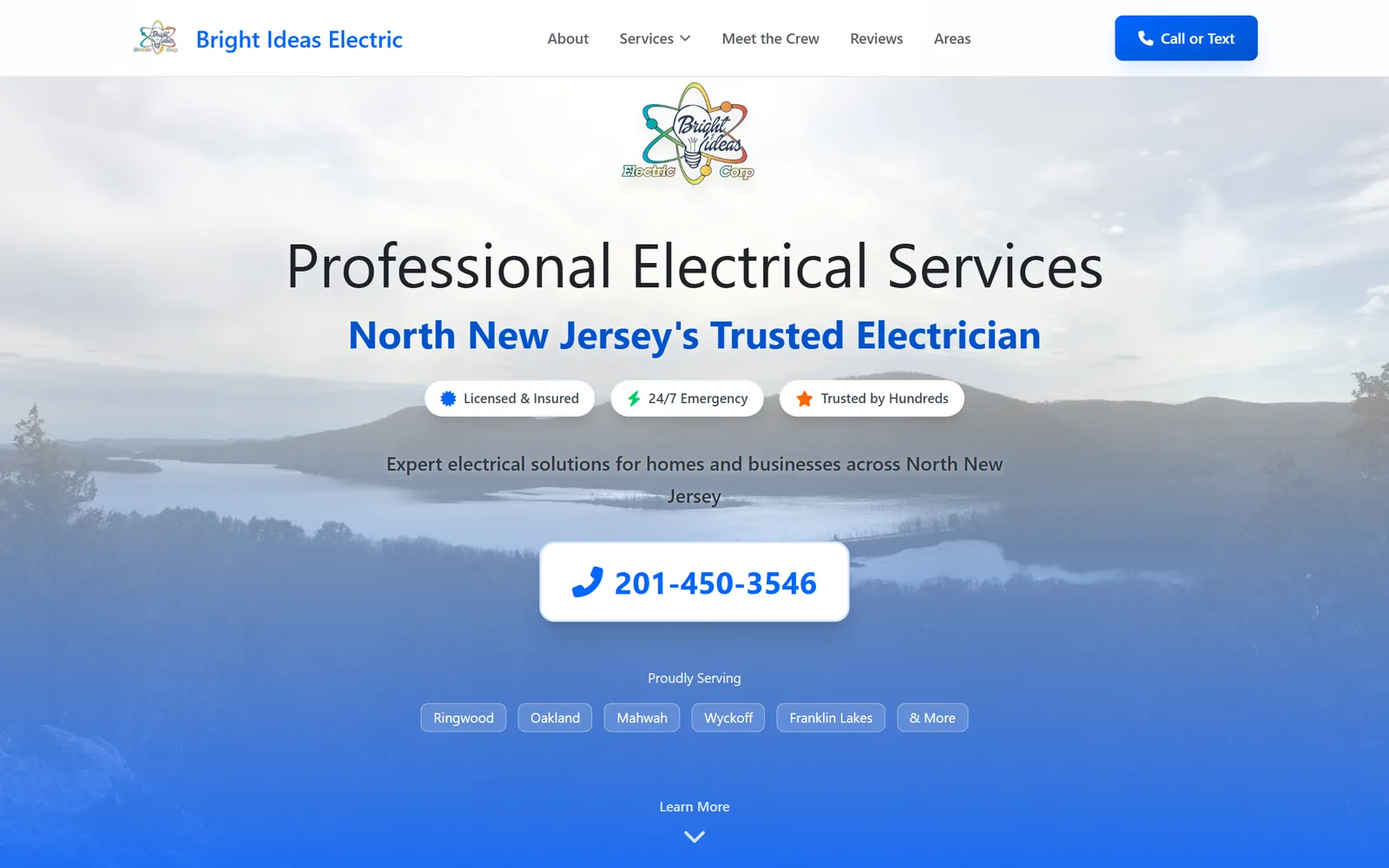 The Bright Ideas Electric home page: North New Jersey's trusted electrician, with the phone number front and centre